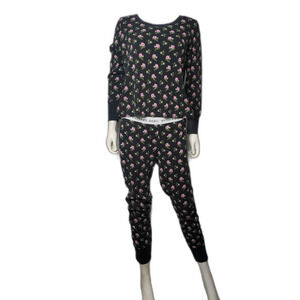 Victorias Secret Black Floral Thermal Pajama Set Long Janes Womens Size Medium